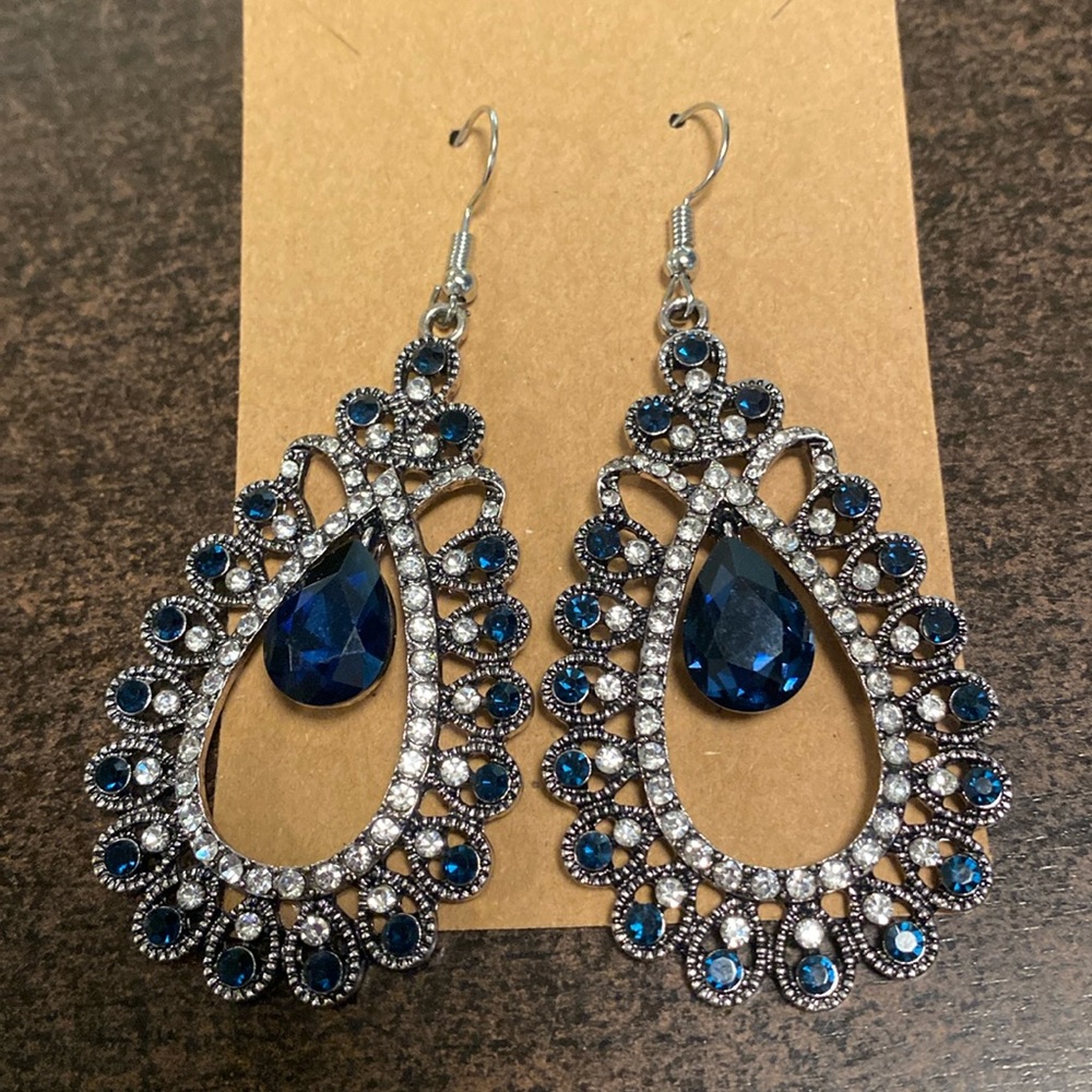 Dramatic Dangle Blue And Rhinestone Earrings - image 1